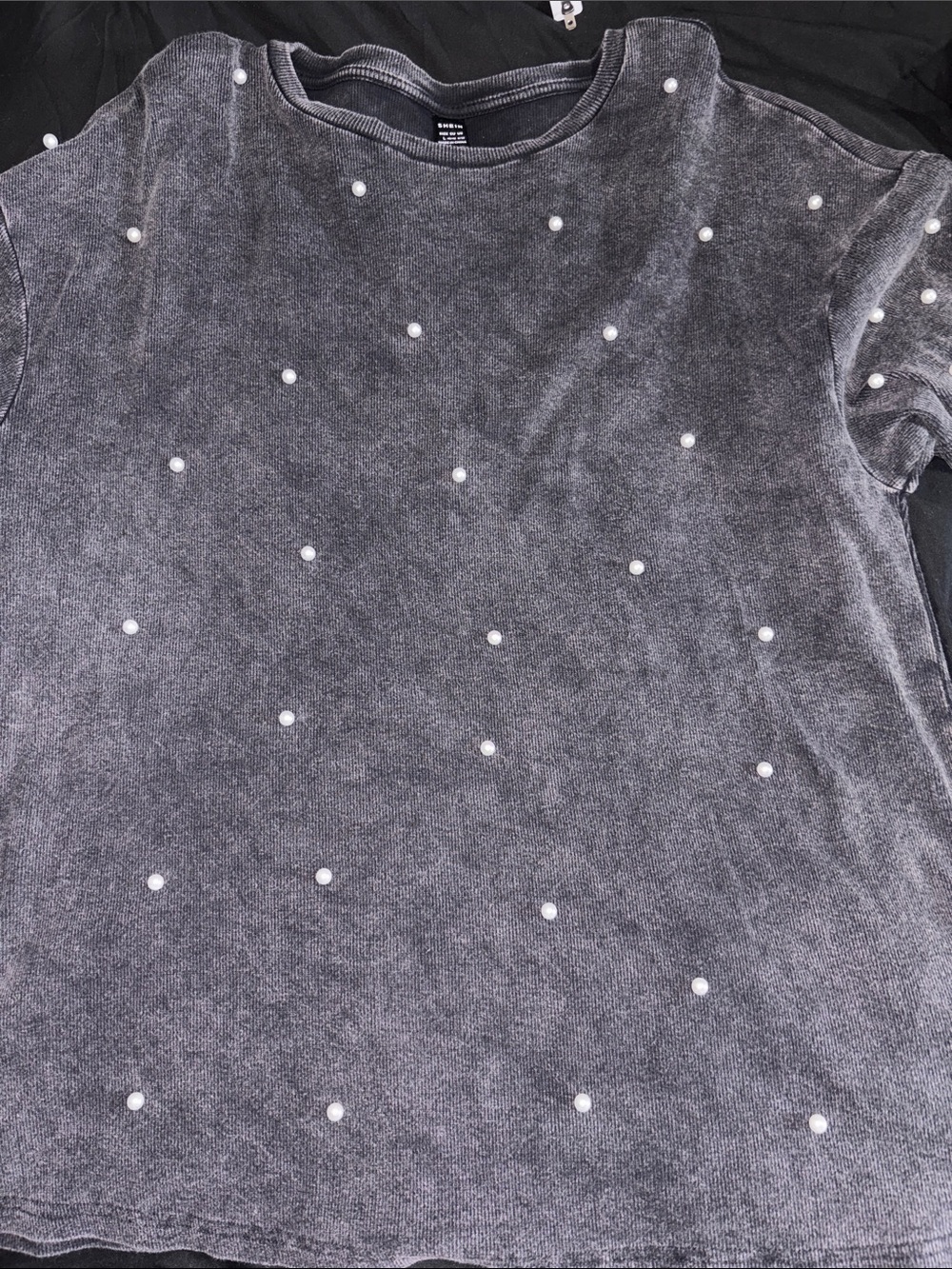 SHEIN Charcoal Gray Pearl-Embellished Short Sleeve Top